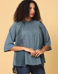 Hassu's Women Grey Raglan Sleeves Cotton Solid Bohemian Short Length Ruffle Collar Shirt