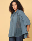 Hassu's Women Grey Raglan Sleeves Cotton Solid Bohemian Short Length Ruffle Collar Shirt