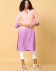 Hassu's Women Peach 3/4Th Sleeves Cotton Ombre Dobby Stripe Regular Calf Length Mandarin Collar Kurta