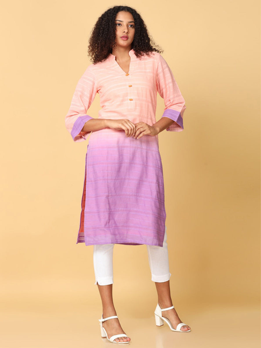 Hassu's Women Peach 3/4Th Sleeves Cotton Ombre Dobby Stripe Regular Calf Length Mandarin Collar Kurta