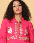 Hassu's Women Pink Ruffle Sleeves Cotton Floral Embroidery Retro Short Length Point Collar shirt