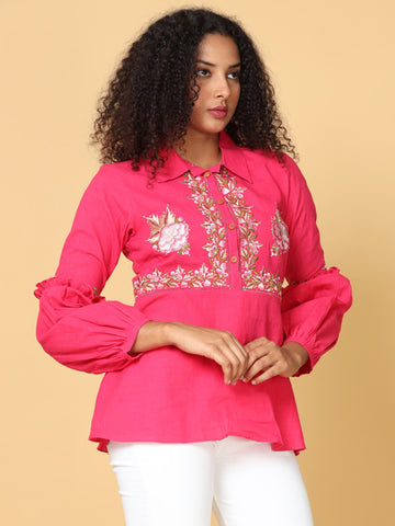 Hassu's Women Pink Ruffle Sleeves Cotton Floral Embroidery Retro Short Length Point Collar shirt