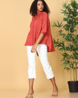 Hassu's Women Red Raglan Sleeves Cotton Solid Bohemian Short Length Ruffle Collar Shirt