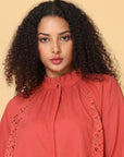 Hassu's Women Red Raglan Sleeves Cotton Solid Bohemian Short Length Ruffle Collar Shirt