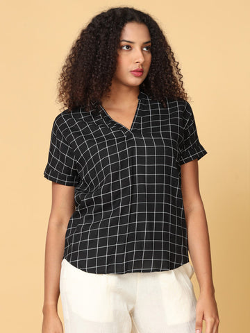 Women Black Short Sleeves Rayon Checks Western Short Length Mandarin Collar Top