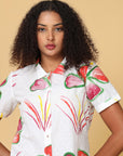Hassu's Women White Short Sleeves Cotton Floral Painting Western Short Length Point Collar Shirt