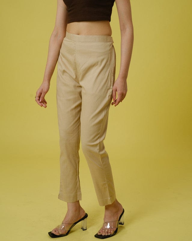 Khaki Cotton Slub Solid Regular Ankle Length Trouser
