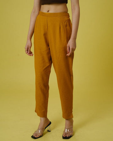 Mustard Cotton Slub Solid Regular Ankle Length Trouser