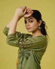 Olive 3/4th Sleeves Cotton Chanderi Tropical, Thread Work Hip Length Co-Ords