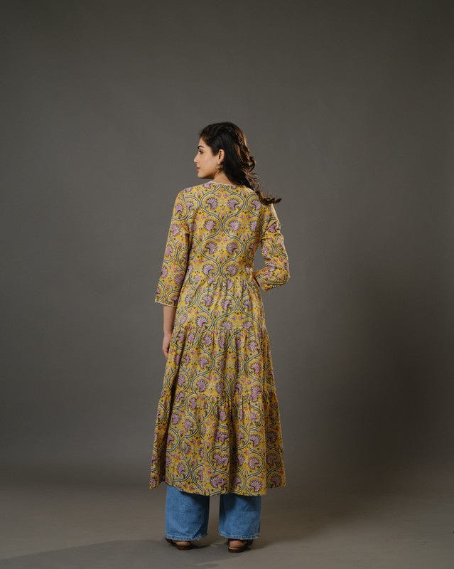 Yellow 3/4th Sleeves Cotton Block Print Calf Length Dress