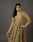 Yellow 3/4th Sleeves Cotton Block Print Calf Length Dress