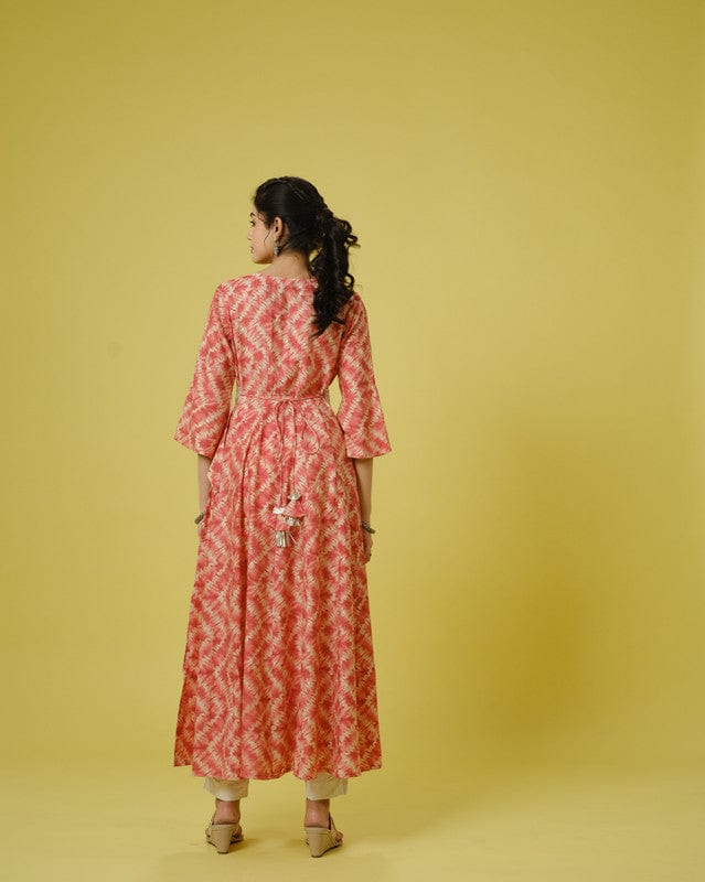 Orange 3/4th Sleeves Cotton Chanderi Tie-Dye Full Length Dress