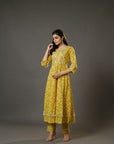 Yellow 3/4th Sleeves Cotton Abstarct Batik Print, Machine Embroidery Calf Length Kurta Set