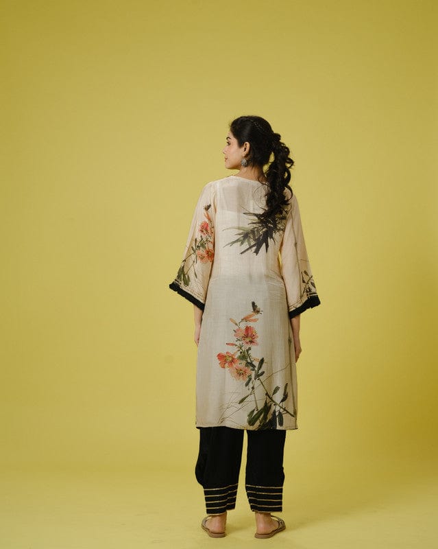 Cream 3/4th Sleeves Cotton Silk Digital Floral Print, Sequin Work Calf Length Kurta Set