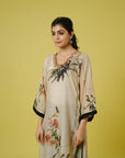 Cream 3/4th Sleeves Cotton Silk Digital Floral Print, Sequin Work Calf Length Kurta Set