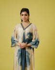 Cream 3/4th Sleeves Cotton Silk Digital Floral Print, Embellishment Work Knee Length Kurta Set