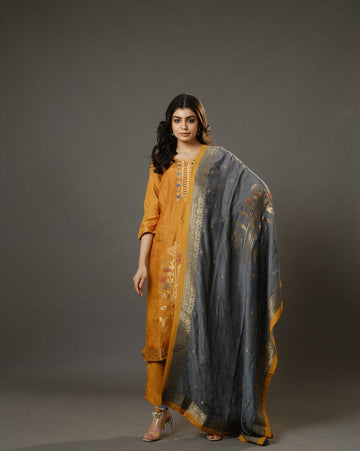 Yellow 3/4th Sleeves Chanderi Banarasi Print, Mirror Work Calf Length Kurta Set