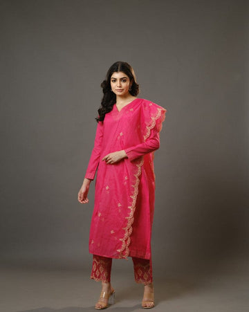 Pink Full Sleeves Cotton Blend Slub Thread Work  Calf Length Kurta Set