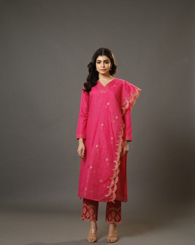Pink Full Sleeves Cotton Blend Slub Thread Work  Calf Length Kurta Set