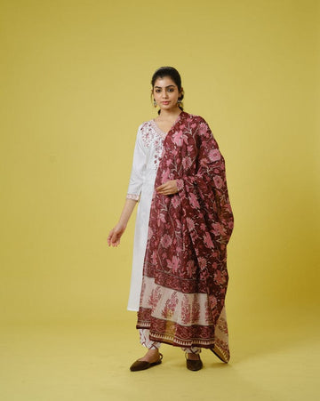 Maroon 3/4th Sleeves Cotton Cambric Floral Machine Embroidery Calf Length Kurta Set