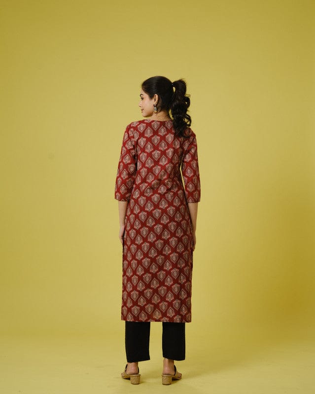 Red 3/4th Sleeves Cotton Cambric Traditional Motifs Calf Length Kurta Set