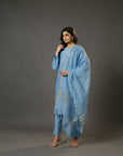 Aqua Blue Full Sleeves Cotton Silk Gold Thread Work Calf Length Kurta Set