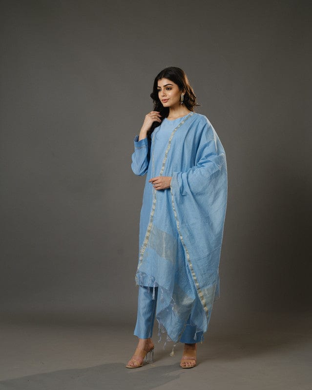 Aqua Blue Full Sleeves Cotton Silk Gold Thread Work Calf Length Kurta Set