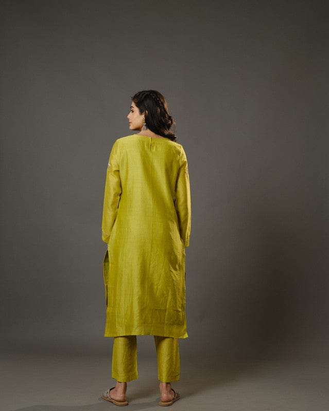 Lime Green Full Sleeves Cotton Silk Gold Thread Work Calf Length Kurta Set