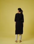 Black 3/4th Sleeves Cotton Cambric Floral Thread Work Knee Length Kurta