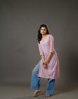 Pink 3/4th Sleeves Cotton Cambric Floral Thread Work Knee Length Kurta