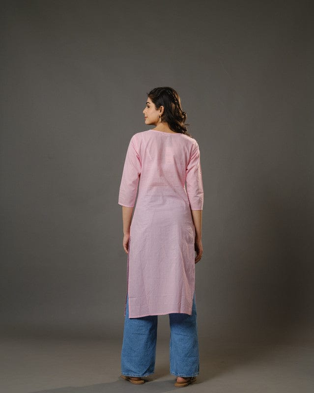 Pink 3/4th Sleeves Cotton Cambric Floral Thread Work Knee Length Kurta