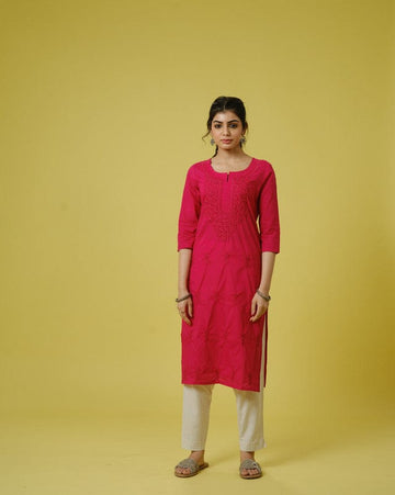 Pink 3/4th Sleeves Cotton Cambric Tonal Floral Thread Work Knee Length Kurta
