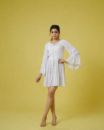 White Full Sleeves Chiffon Tone on Embroidery Mid thigh Tunic
