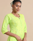 Green 3/4th sleeves Cotton dobby Thread work Regular fit Calf length Kurta Set - Without Dupatta