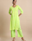 Green 3/4th sleeves Cotton dobby Thread work Regular fit Calf length Kurta Set - Without Dupatta
