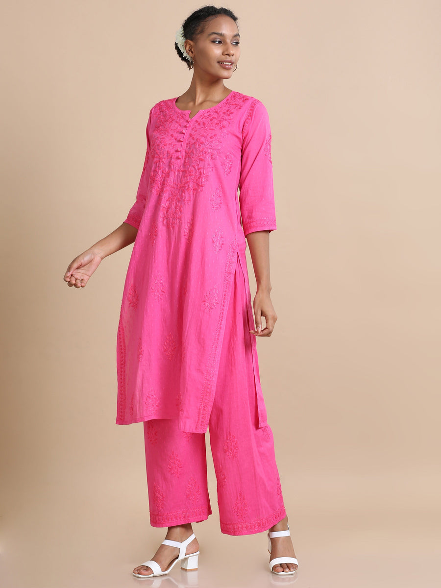 Pink 3/4th sleeves Cotton dobby Thread work Regular fit Calf length Kurta Set - Without Dupatta