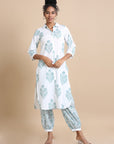 White 3/4th sleeves Cotton Block print Regular fit Calf length Co-Ords
