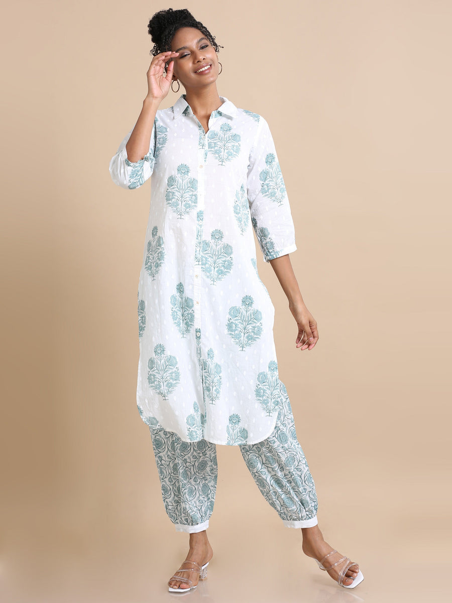 White 3/4th sleeves Cotton Block print Regular fit Calf length Co-Ords