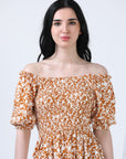 Mustard Puff Sleeve Floral Print Dress