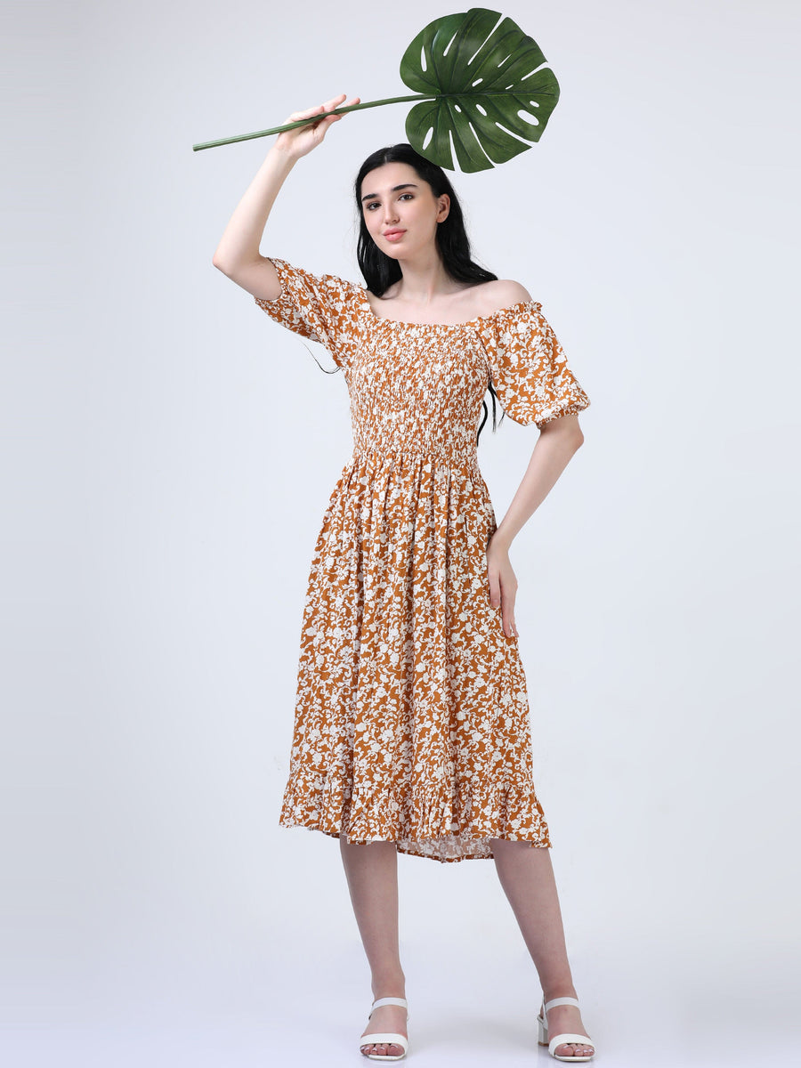 Mustard Puff Sleeve Floral Print Dress