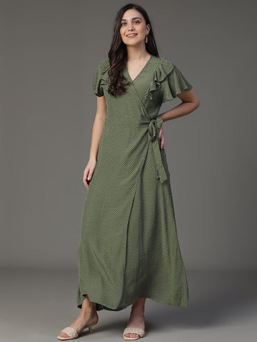 Olive Polka Dot Flared Sleeve A-Line Dress