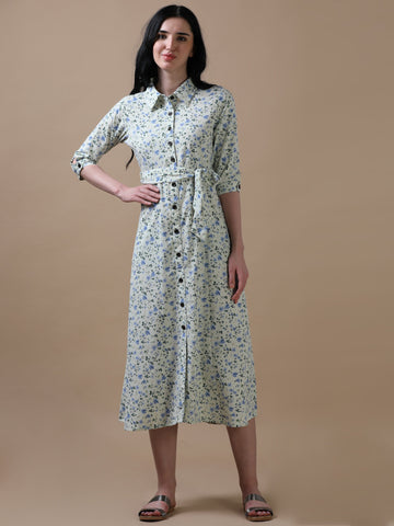 Cream 3/4th Regular Sleeve Floral Print A-Line Dress