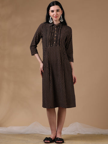 Black Brown 3/4th Regular Sleeve Block Print A-Line Dress
