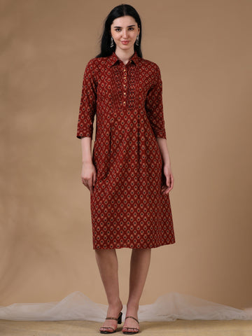 Marron Beige 3/4th Regular Sleeve Block Print A-Line Dress