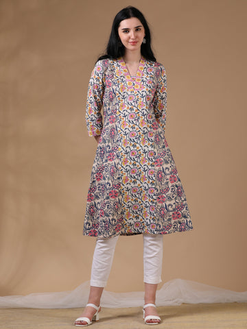 White 3/4th Regular Sleeve Block Print A-Line Dress