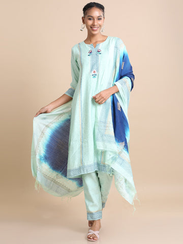 Green 3/4th sleeves Chanderi silk Block print and thread work Regular fit Calf length Kurta Set - With Dupatta
