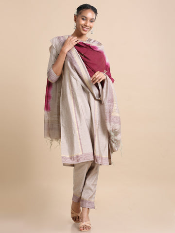 Light Brown 3/4th sleeves Chanderi silk Block print and thread work Regular fit Calf length Kurta Set - With Dupatta
