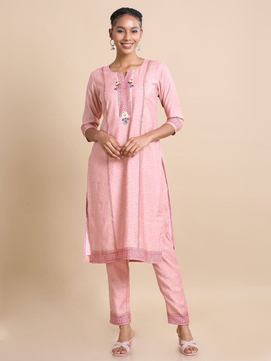 Pink 3/4th sleeves Chanderi silk Block print and thread work Regular fit Calf length Kurta Set - With Dupatta