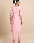Pink 3/4th sleeves Chanderi silk Block print and thread work Regular fit Calf length Kurta Set - With Dupatta