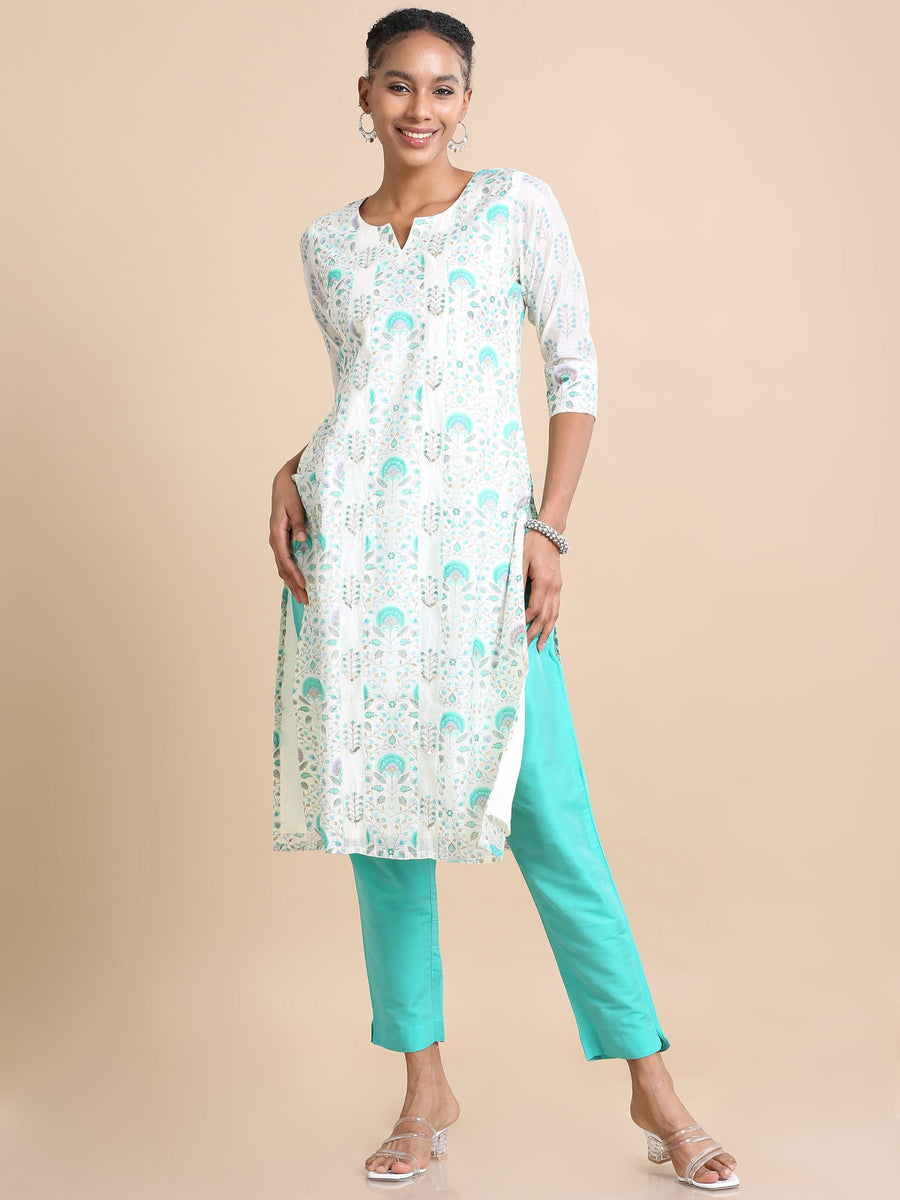 Green 3/4th sleeves Chanderi Floral print Regular fit Calf length Kurta Set - With Dupatta